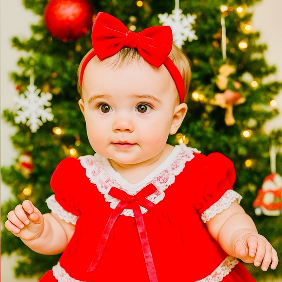 Vintage Red velvet baby dress with lace trim holiday dress Christmas outfit - Picture 2 of 7